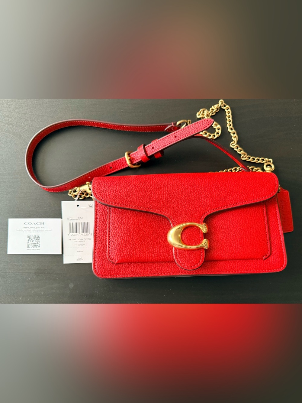 Coach Tabby Clutch with Gold Chain. Red Pebbled Leather Crossbody